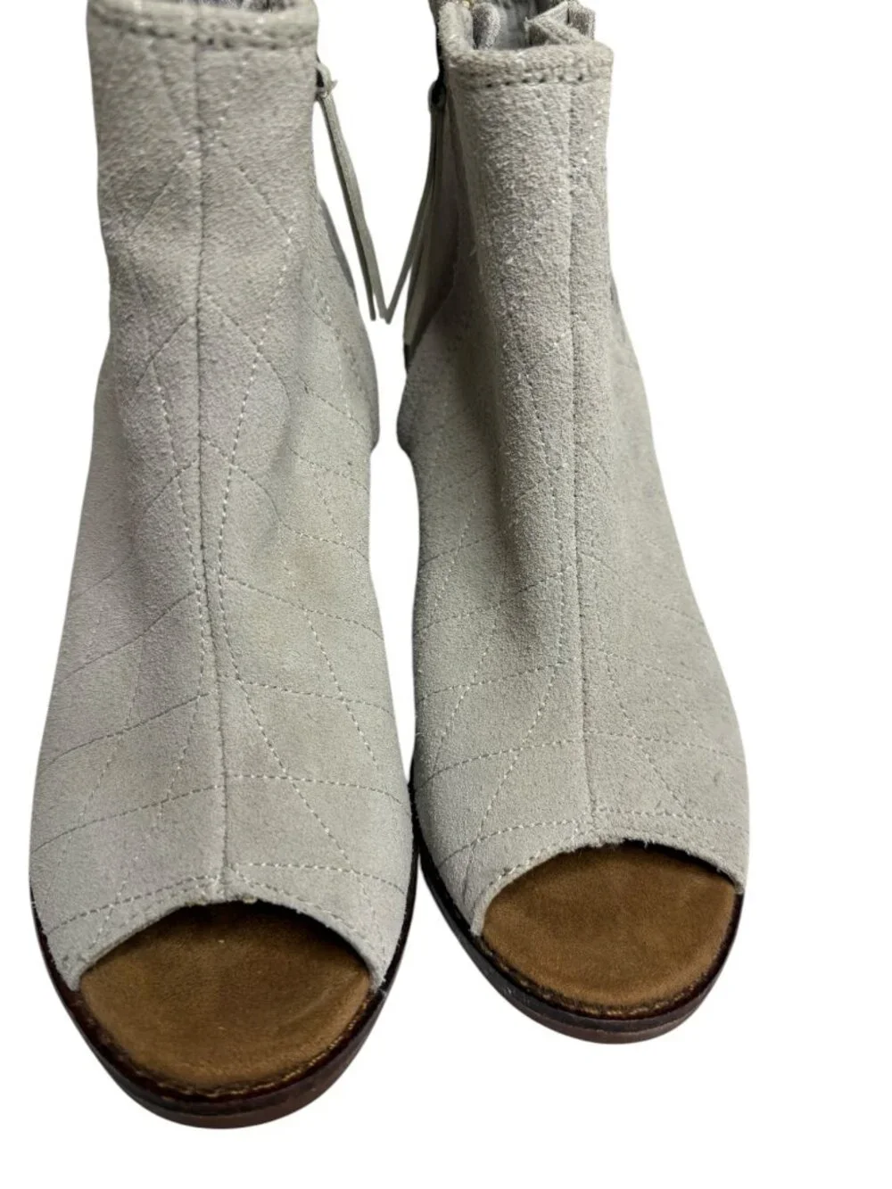Toms Majorca Boots Peep Toe Suede Quilted Block Heel Gray 7 Women NWOT